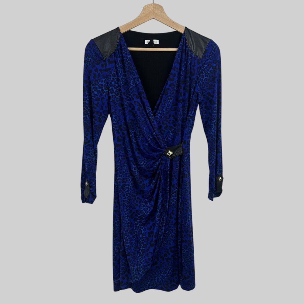 Cache Slinky Dress Small Royal Blue Leopard Jersey Bodycon Gold Hardware Y2K 80s